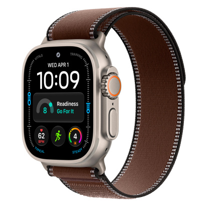 Apple Watch Ultra 4, 49 мм корпус из титана цвета «Natural», ремешок Trail Loop цвета «Dark Umber» размера M/L