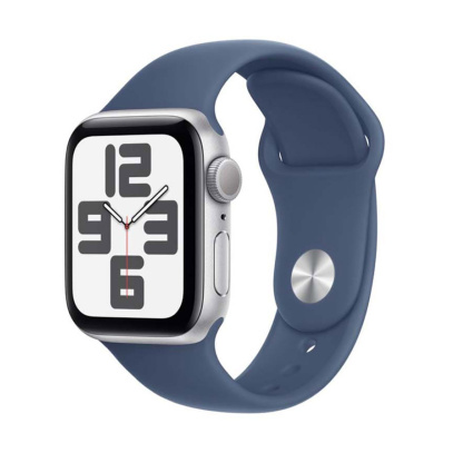 Apple Watch SE (2024), 44 мм корпус из алюминия цвета «Silver», ремешок Sport Band размера M/L цвета «Denim»