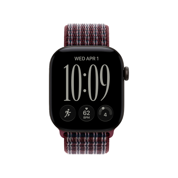 Apple Watch Series 12, 42 мм корпус из алюминия цвета «Black», ремешок Sport Loop цвета «Burgundy Plaid»