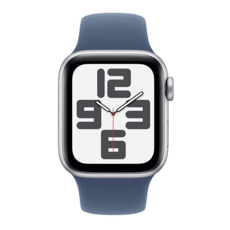 Apple Watch SE (2024), 44 мм корпус из алюминия цвета «Silver», ремешок Sport Band размера M/L цвета «Denim»